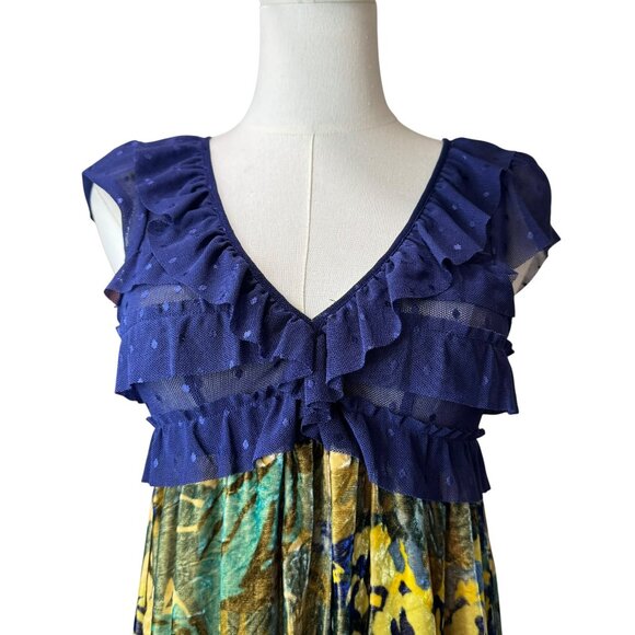 Free People Velvet Burnout Floral Mini Dress Blue Yellow Ruffle Mesh Bodice SZ:S - Picture 2 of 7